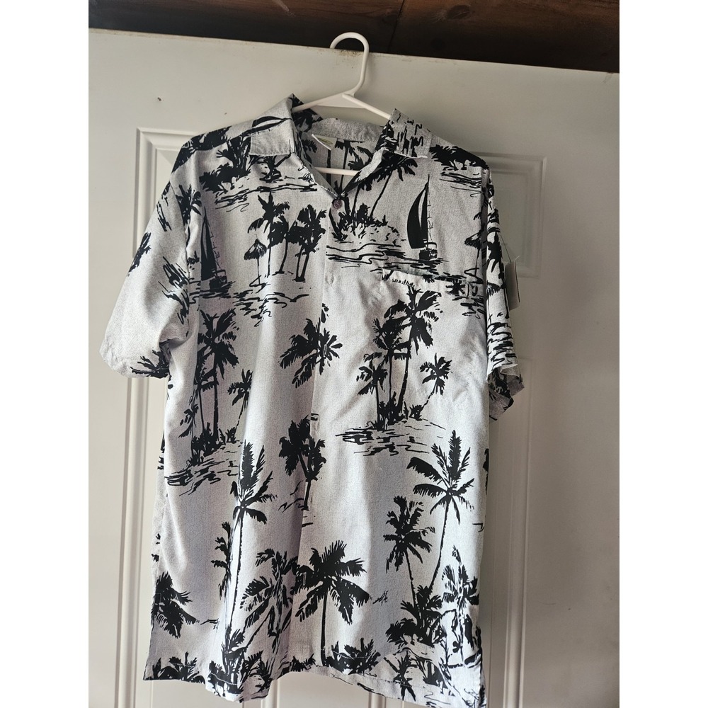 Rima Men's Tropical Button Down Short Sleeve Shirt Black White‎ Print  Large